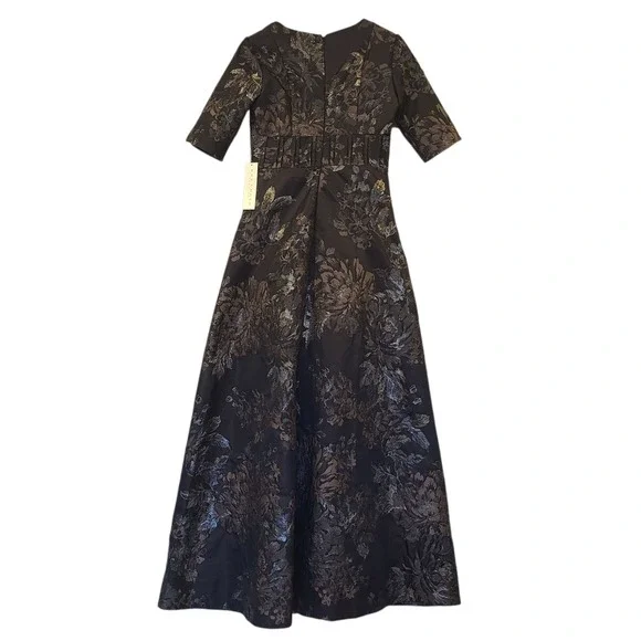 NWT Kay Unger Dress Womens 6 Tall Stella Gown Black Floral Metallic Sleeves Maxi - Picture 7 of 9